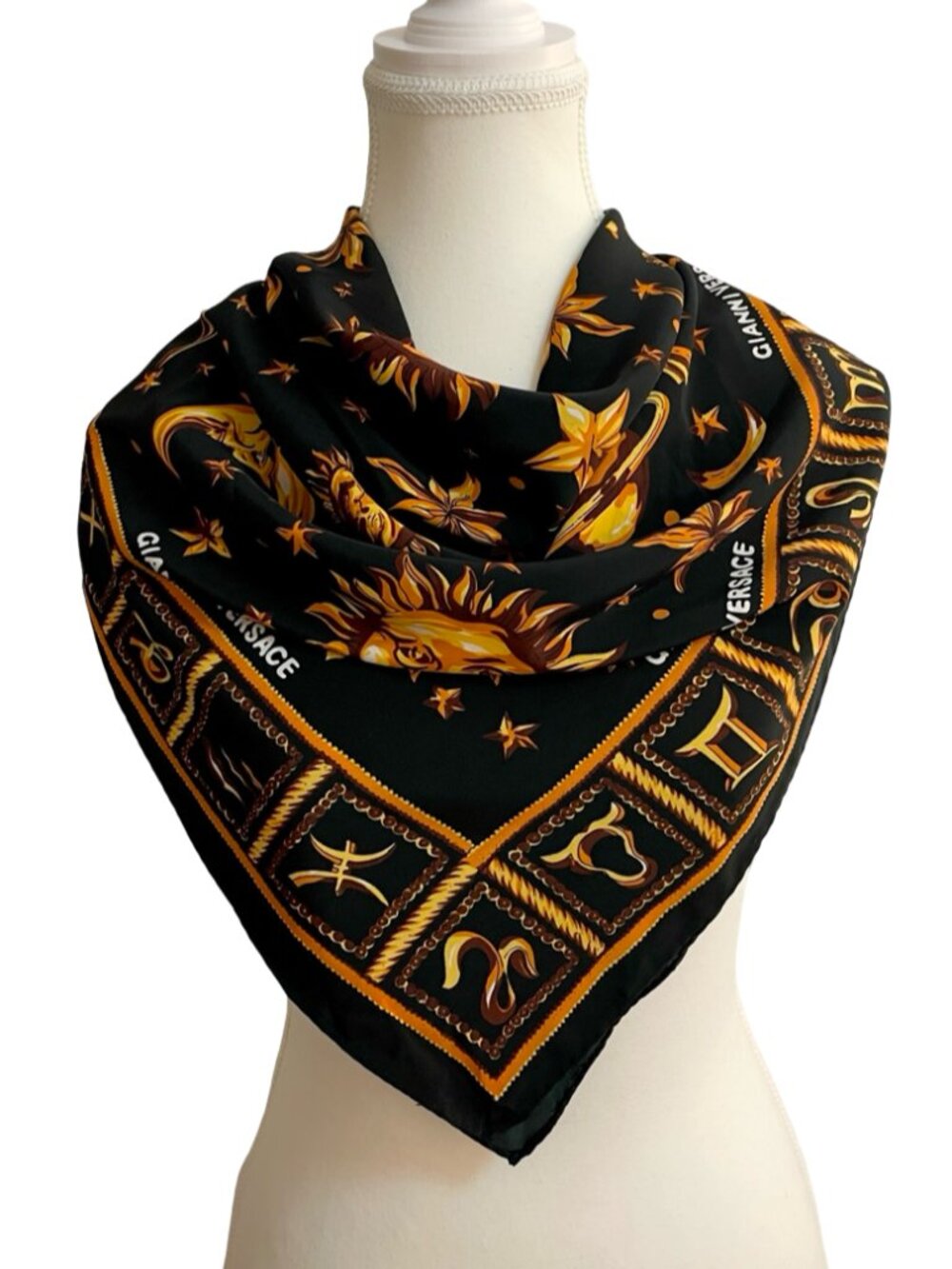 Gianni Versace Silk Scarf Celestial Zodiac Print Black Gold Paris France